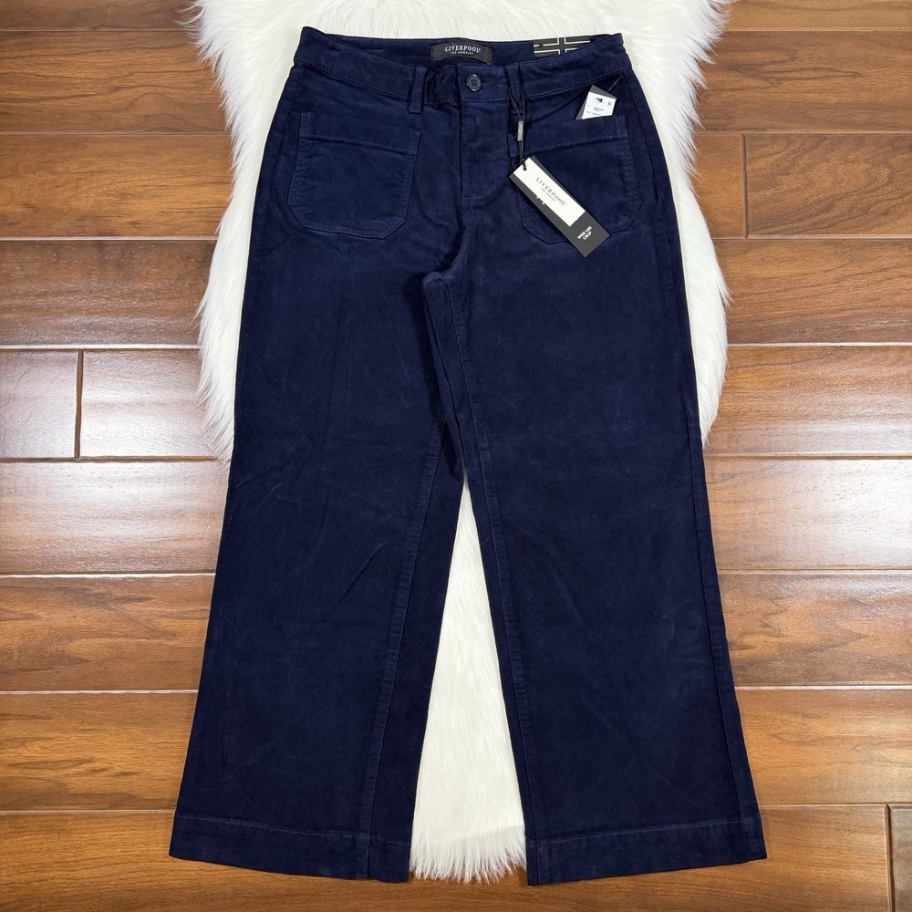 Liverpool Women's Size 6 / 28 Blue Corduroy Wide Leg Crop Pants Patch Pocket